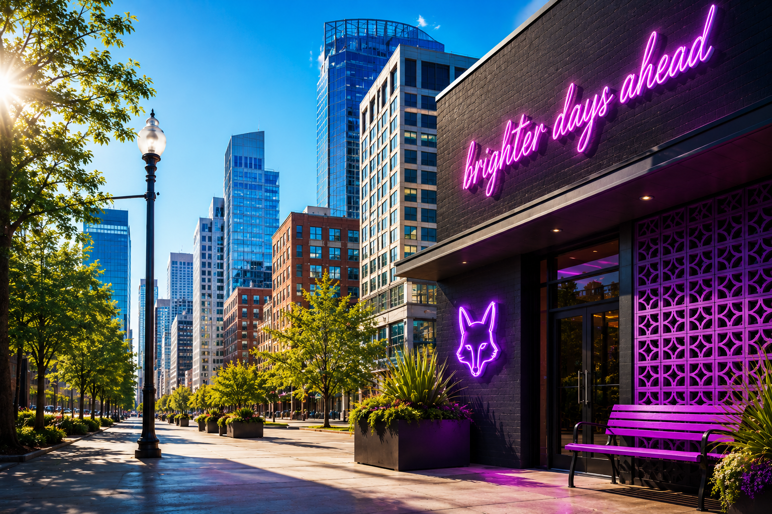 City street with a brighter days ahead neon sign